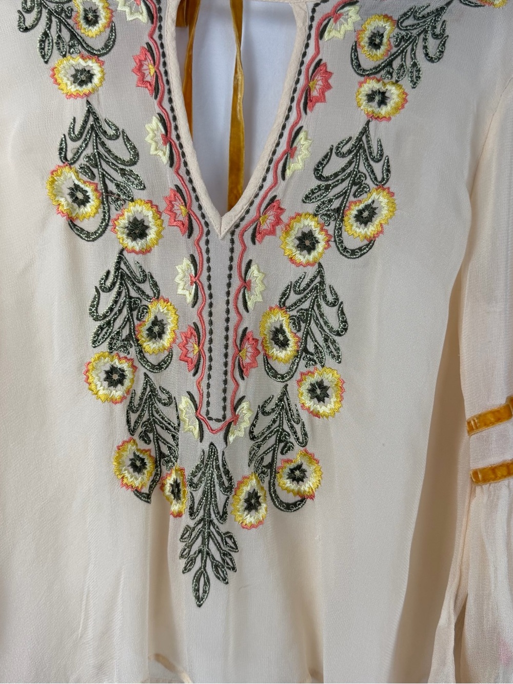 Kimchi Blue Cream Embroidered V-Neck Peasant Tunic with Yellow and Pink Flowers - Picture 2 of 7